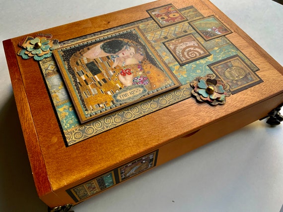 Klimt Decorated Wooden Cigar Box, Engagement Gift, Gift for Couple, Wedding Gift, Repurposed Cigar Box, Aesthetically Altered Cigar Box