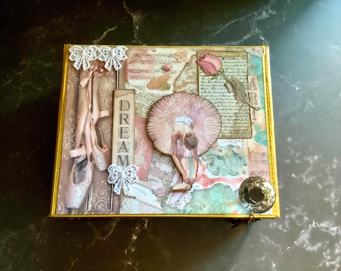 Ballerina Keepsake Box – Handmade Upcycled Cigar Box with Ballet Art, Crystal Knob, Charms & Feet, Dreamy Pink Gift for Dancer, Jewelry Box