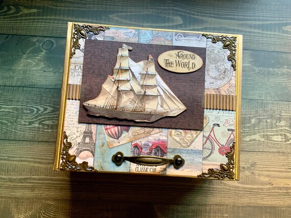 Around the World Decorated Cigar Box – Vintage Travel Keepsake Storage with Ship, Maps & Paris Ephemera – Upcycled Steamer Trunk Style