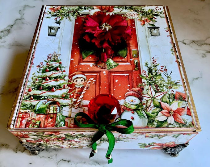 Holly Jolly Red Door Christmas Decorated Cigar Box with Santa & Snowman – Free U.S. Shipping