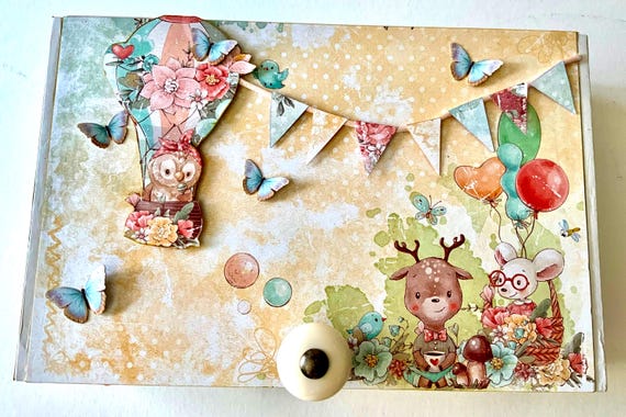 Nursery Decorated Cigar Box, Child’s Trinket Box, Nursery Decor, Repurposed Cigar Box, Keepsake Journal Storage Box, Mixed Media Keepsake