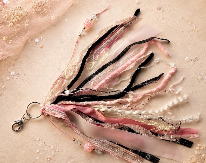 Pink Black Ribbon Tassel Keychain with Beads – Boho Bag Charm