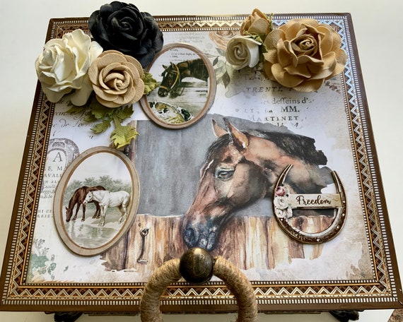 Horse Decorated Wooden Cigar Box, Horse Ranch Keepsake Storage Box, Repurposed Cigar Box, Upcycled Box, Altered Cigar Box, Embellished Box