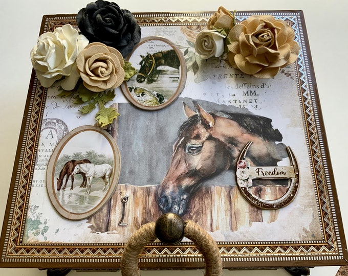 Horse Decorated Wooden Cigar Box, Horse Ranch Keepsake Storage Box, Repurposed Cigar Box, Upcycled Box, Altered Cigar Box, Embellished Box