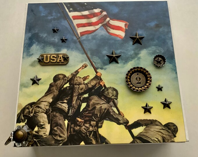 Patriotic Military Decorated Cigar Box, Iwo Jima WWII Keepsake Box, USA Army Soldier Gift, Fourth of July Veteran Memory Box, Repurposed Box