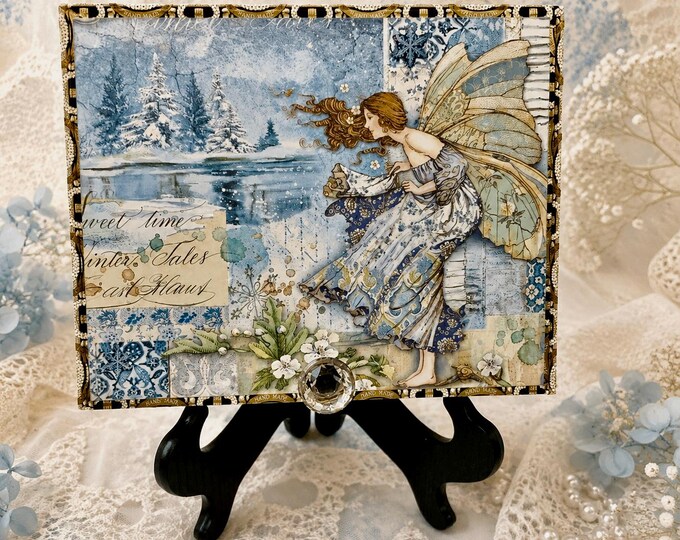 Winter Tales Fairy Keepsake, Blue Winter Decor, Gift for Mom. Upcycled Cigar Box