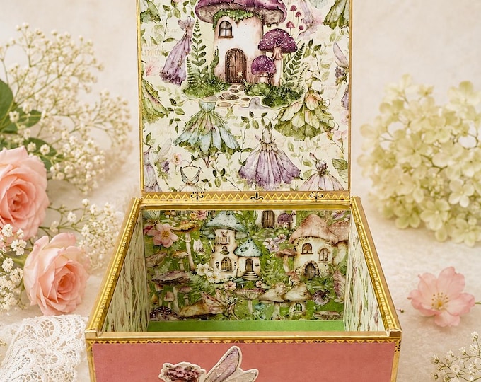 Fairy Cottage Keepsake Box – Handmade Decorated Cigar Box with Magical Fairies, Knob & Feet – Free Shipping