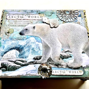 Winter Polar Bear Keepsake Box, Arctic Animals Decorated Cigar Box