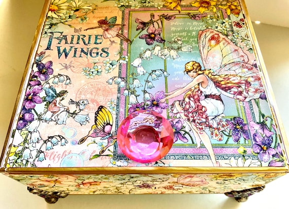 Fairy Wings Decorated Cigar Box, Birthday for Teen, Trinket Box, Keepsake Box, Memory Box, Fairy Room Decor, Upcycled Cigar Box, Altered Box