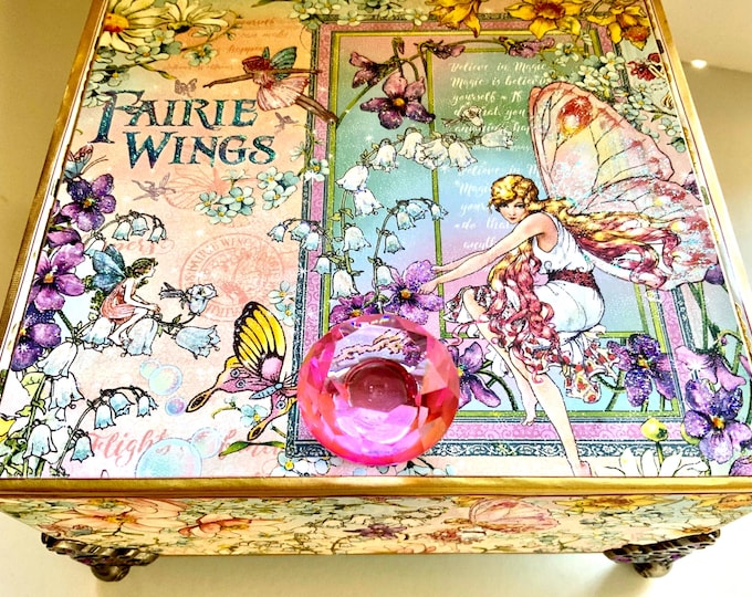 Fairy Wings Decorated Cigar Box, Birthday for Teen, Trinket Box, Keepsake Box, Memory Box, Fairy Room Decor, Upcycled Cigar Box