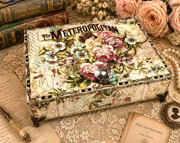 Jane Austen Keepsake Box: Handmade Floral Literary Gift, Decorated Upcycled Cigar Box - Free Shipping