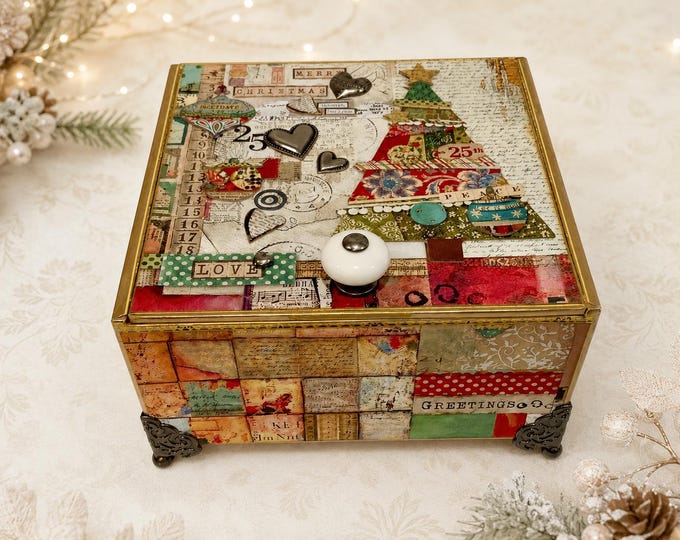 Patchwork Christmas Keepsake Box – Decorated Holiday Cigar Box - Free Shipping