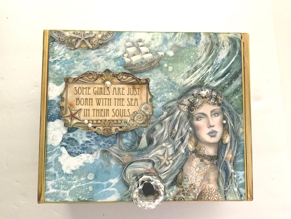 Mermaid Ocean Decorated Cigar Box – Nautical Mixed Media with Pearl Accents, Handmade Sea Goddess Box, Coastal Gift for Her, Altered Box