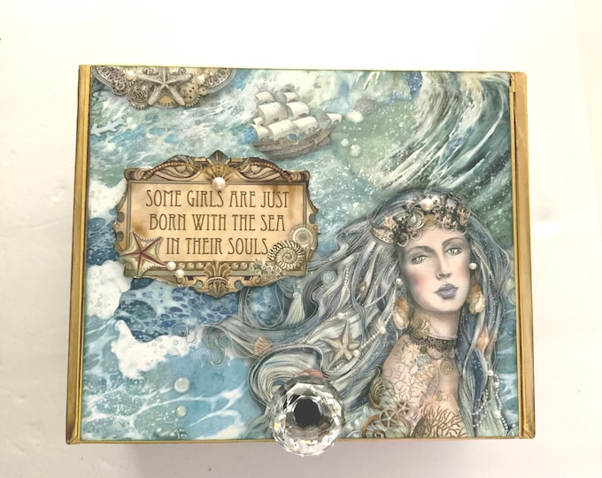 Mermaid Ocean Decorated Cigar Box – Nautical Mixed Media with Pearl Accents, Handmade Sea Goddess Box, Coastal Gift for Her