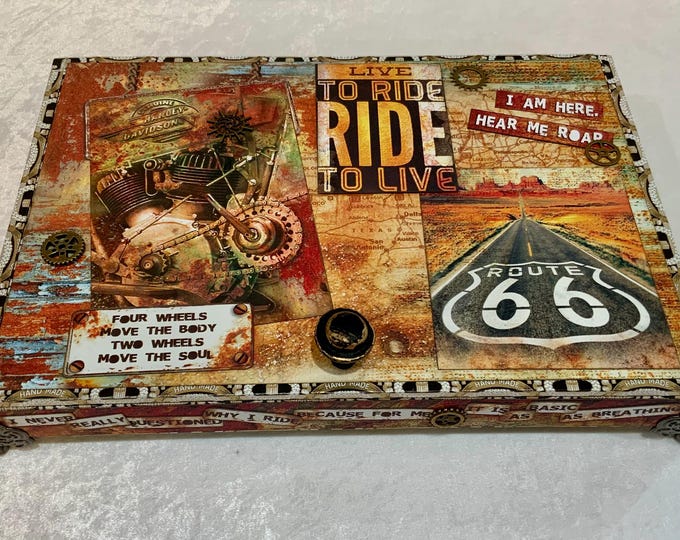 Rustic Steampunk Cigar Box: Route 66 Motorcycle Decor,  Free Shipping in US