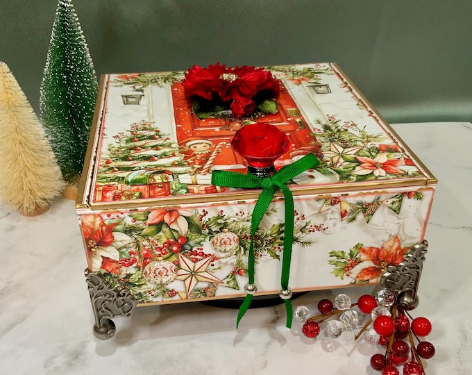 Holly Jolly Red Door Christmas Decorated Cigar Box with Santa & Snowman – Free U.S. Shipping