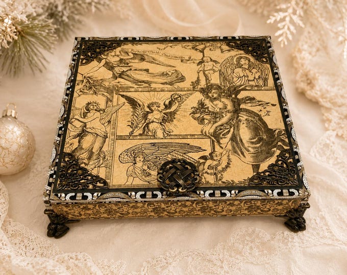 Vintage Angel Christmas Decorated Cigar Box–Holiday Keepsake - Free Shipping in US