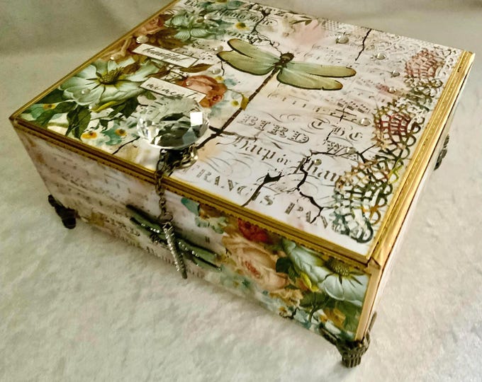 Dragonfly Keepsake Box: Vintage Music Sheet Art, Crystal Knob