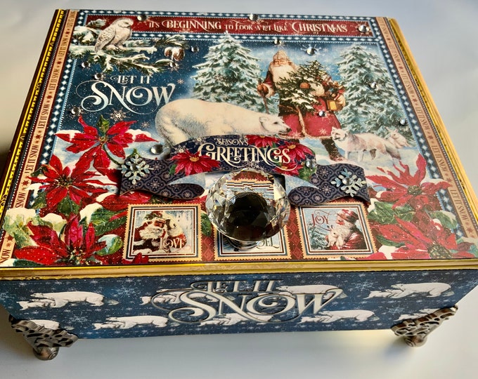 Let It Snow Christmas Decorated Cigar Box – Graphic 45 | Santa & Polar Bears | Keepsake Box | Winter Gift | Holiday Storage Box | Free Ship
