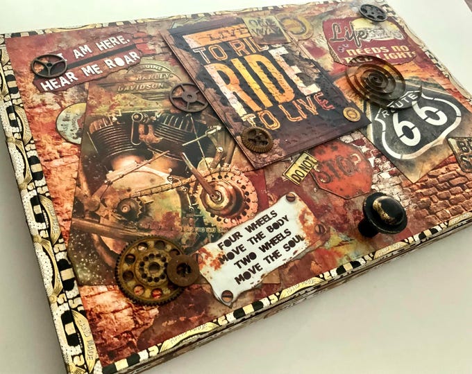 Rustic Steampunk Cigar Box: Route 66 Motorcycle Decor, Free Shipping in US