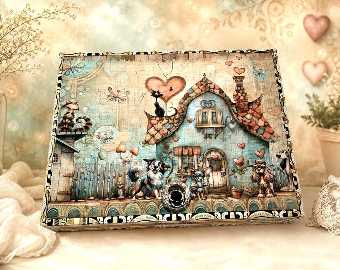 Whimsical Pet Lover Keepsake Box Dog Cat Gift Handmade Cigar Box,  Free Shipping in US