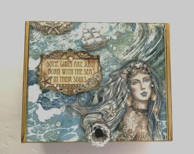 Mermaid Ocean Decorated Cigar Box – Nautical Mixed Media with Pearl Accents, Handmade Sea Goddess Box, Coastal Gift for Her