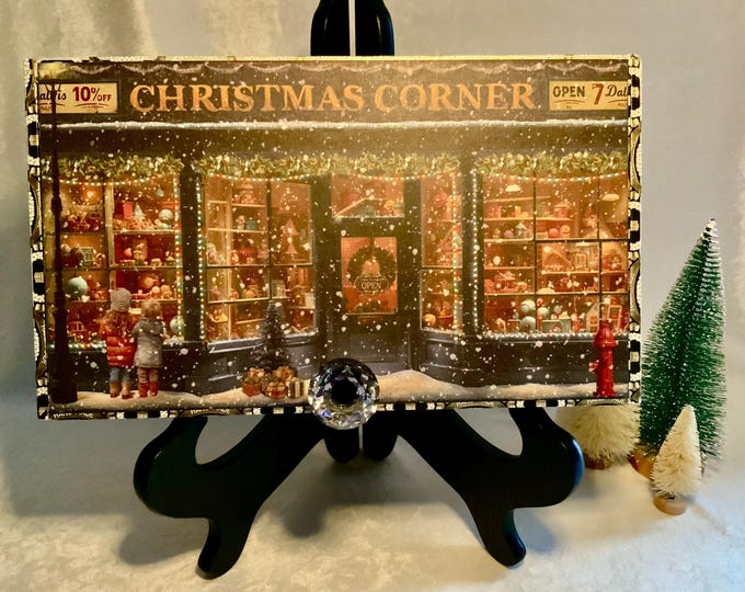 Christmas Corner Toy Shop Decorated Cigar Box – 10x6x2” Vintage Storefront with Glitter Snow Accents