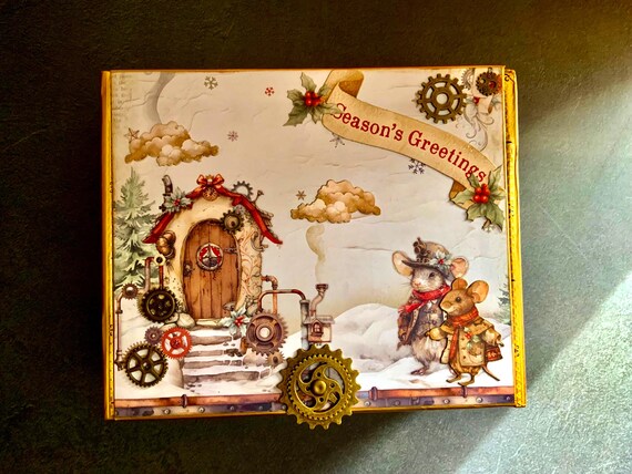 Steampunk Christmas Decorated Cigar Box – Santa, Advent Calendar, Gears & Vintage Style – Upcycled Holiday Gift Box, Christmas Decor
