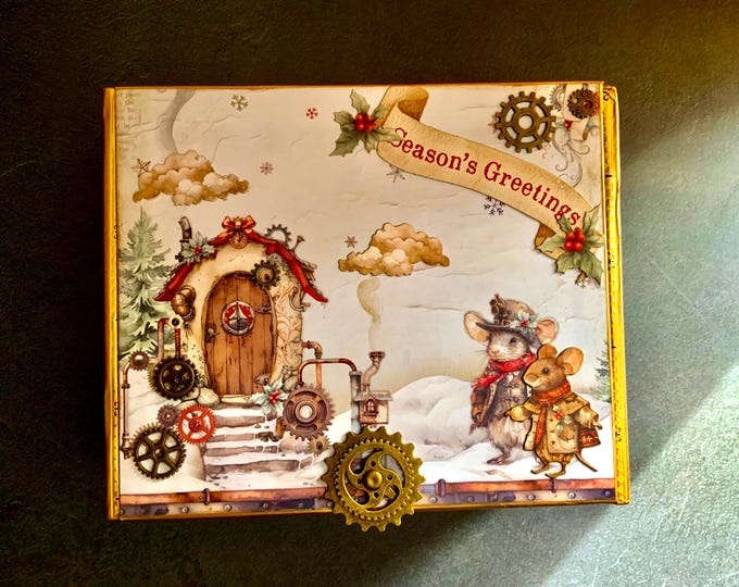 Steampunk Christmas Decorated Cigar Box – Santa, Advent Calendar, Gears & Vintage Style – Upcycled Holiday Gift Box, Christmas Decor