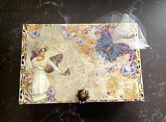 Butterfly Fairy Decorated Cigar Box – Pastel Fantasy Storage with Pegasus, Crystal Knob & 3D Butterflies – Handmade Whimsical Gift Box