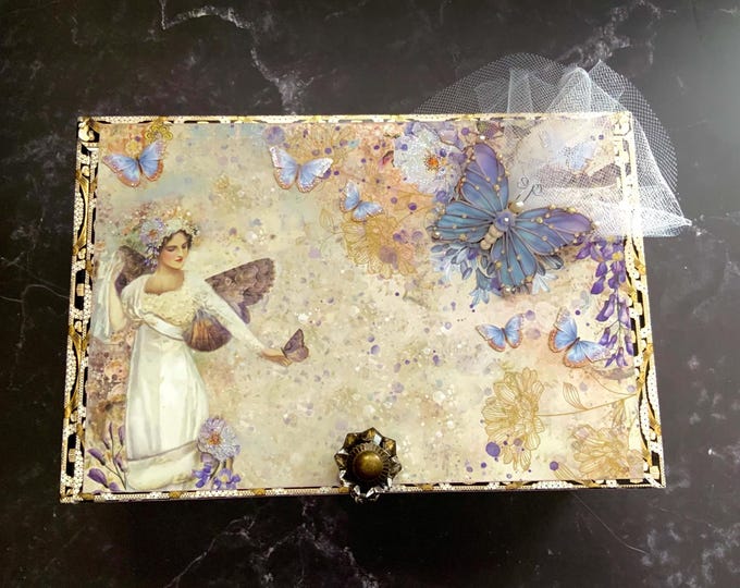 Butterfly Fairy Decorated Cigar Box – Pastel Fantasy Storage with Pegasus, Crystal Knob & 3D Butterflies – Handmade Whimsical Gift Box