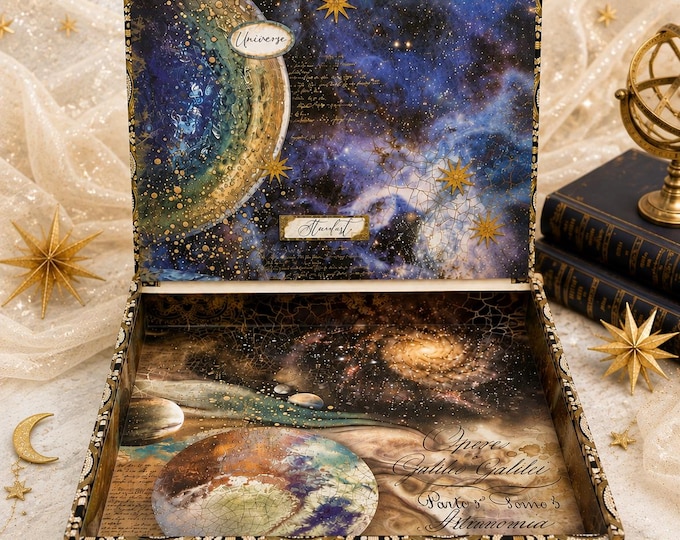 Celestial Keepsake Box, Large Galaxy Jewelry Box, Astronomy Gift, Galileo Space Decor, Upcycled Cigar Box,  Free Shipping in US