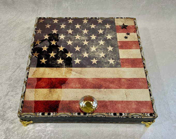Patriotic Military Keepsake Box – 250th Anniversary American Flag Decorated Cigar Box – Veteran Gift