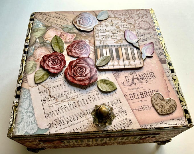Piano Decorated Cigar Box, Gift for Musician, Repurposed Cigar Box, Mixed Media Art Box, Aesthetically Altered Cigar Box, Keepsake Storage