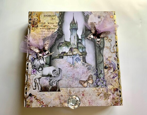 Lg Fairy and Unicorn Decorated Cigar Box, Castles and Fairies, Fairy Whispers Embellished Box, Repurposed Cigar Box, Mixed Media Altered Box