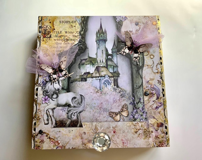 Fairy and Unicorn Decorated Cigar Box, Castles and Fairies