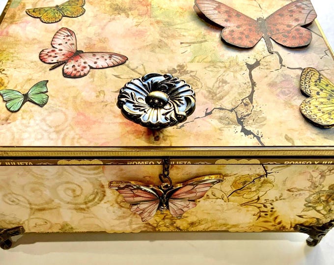 Butterfly Decorated Cigar Box - Romantic Decor - Jewelry Box - Garden Keepsake - Free Shipping