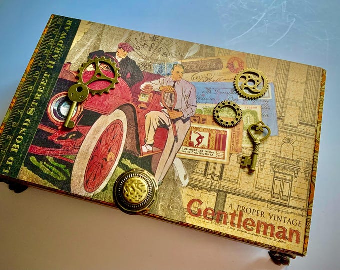 Proper Gentleman Decorated Cigar Box – Graphic 45 Paper, Arturo Fuente, Steampunk Vintage Keepsake with Claw Feet, Masculine Cigar Box