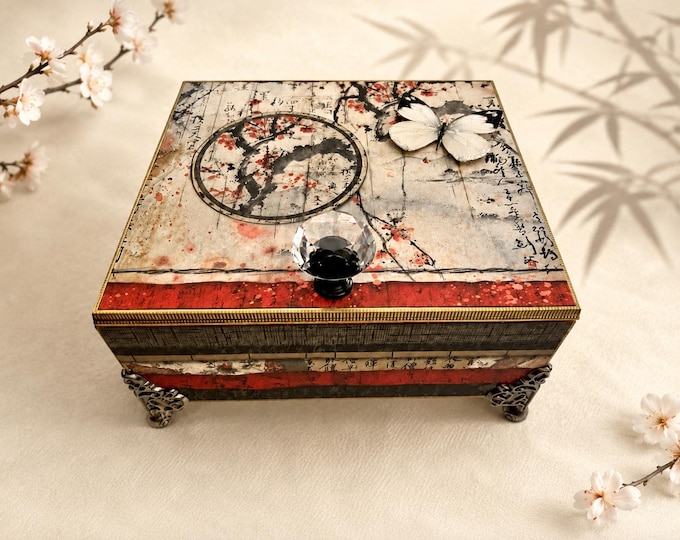 Elegant Asian Butterfly Keepsake Box – Asian Butterfly Decorated Cigar Box with Glass Knob & Botanical Art - Ships Free in US
