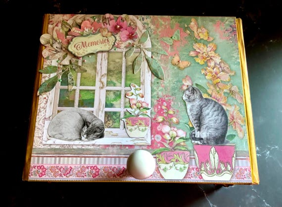 Cat Memory Box – Garden Window Decorated Cigar Box with Floral Accents, Butterflies & Paw Prints – Pet Keepsake, Altered Cigar Box