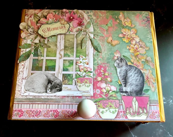 Handmade Cat & Orchid Keepsake Box – Vintage Garden Decor with Tabby Cats, Floral Art and Paw Prints