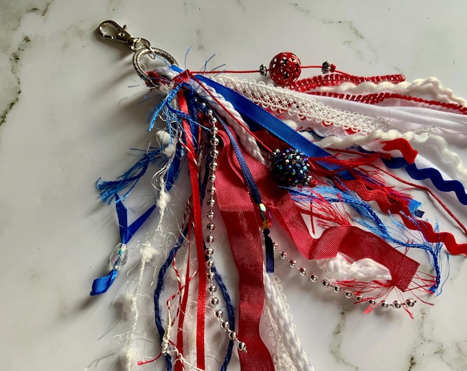 Fiber Art Patriotic Tassel, Red White and Blue Purse Tassel, Necklace Tassel, Hair Tassel, Handbag Tassel, Lamp Tassel, Mirror Tassel