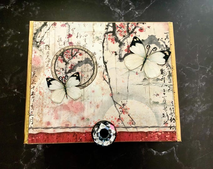 Elegant Asian Butterfly Keepsake Box – Vintage Decorated Cigar Box with Glass Knob & Botanical Art Asian Butterfly Decorated Cigar Box