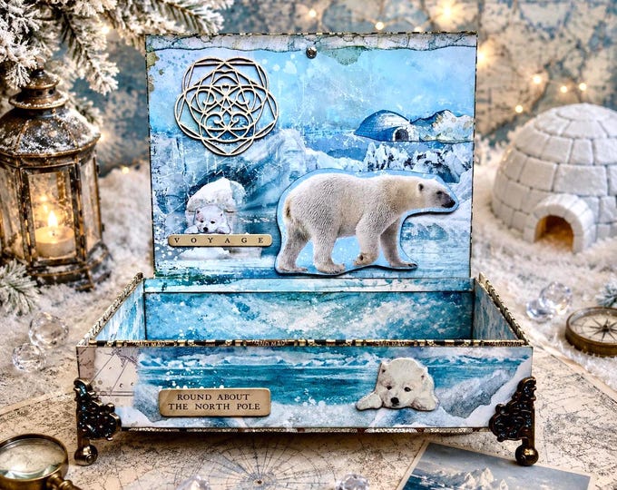 Winter Polar Bear Keepsake Box, Arctic Animals Decorated Cigar Box - Ships Free in US
