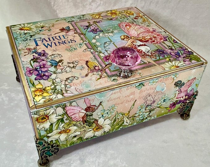 Fairy Wings Decorated Cigar Box – Handmade Enchanted Garden Keepsake Box with Butterflies, Fairies, and Jewel Handle – Graphic 45
