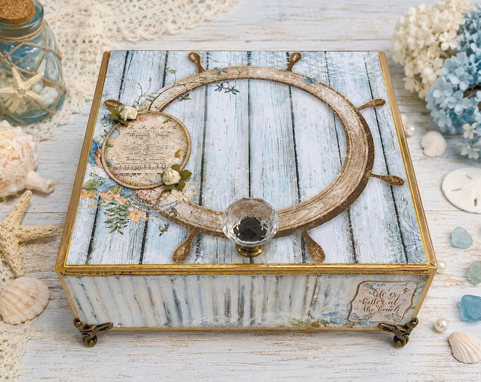 Seaside Cottage Coastal Keepsake, Blue Fern Mermaid Song Decor, Decorated Cigar Box, Free Shipping