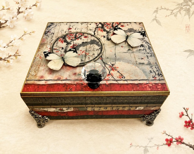 Elegant Asian Butterfly Keepsake Box – Asian Butterfly Decorated Cigar Box with Glass Knob & Botanical Art - Ships Free in US