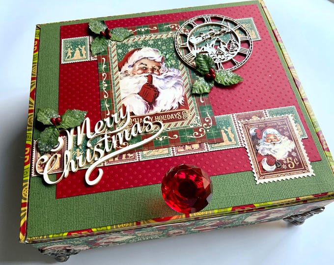 Santa Christmas Decorated Cigar Box – “Merry Christmas” Holiday Keepsake, Holly Accents, Vintage Decor