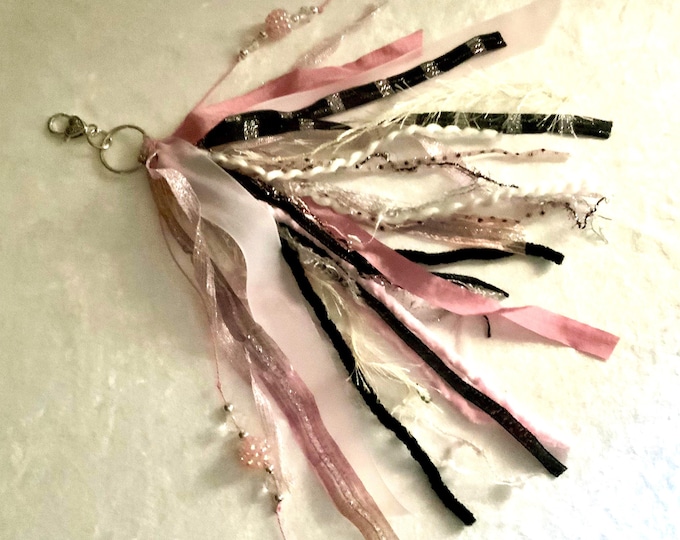 Pink Black Ribbon Tassel Keychain with Beads – Boho Bag Charm