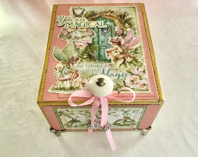 Fairy Cottage Keepsake Box – Handmade Decorated Cigar Box with Magical Fairies, Knob & Feet – Free Shipping